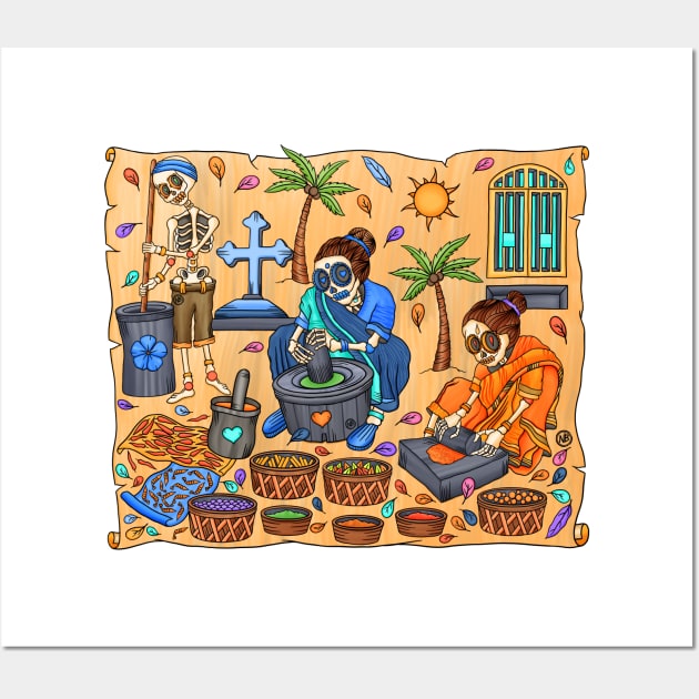 Cute Skeletons - Dia De Los Muertos- Goa - Indian Spices- Village Life Wall Art by Scriptnbones